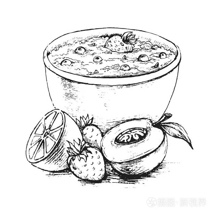 插画 在桌上放上碗里的浆果和水果的燕麦早餐.矢量手绘插图.