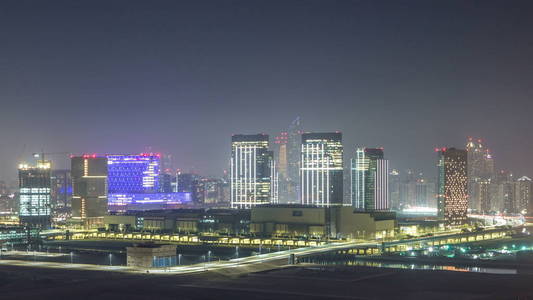 在阿布扎比的 al Reem 和 al Maryah 岛上的摩天大楼, 整个晚上 timelapse 从上面。空中 citisc