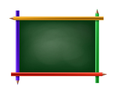绿色黑板与铅笔框架。在白色背景下被隔离。股票矢量图
