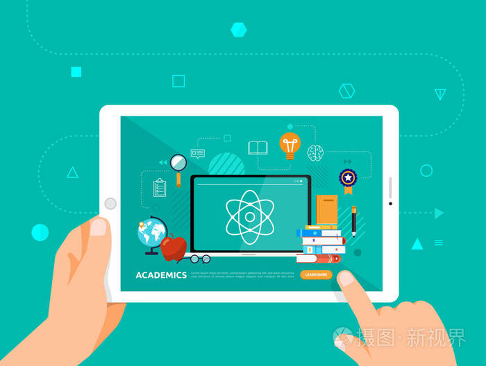 插画 插图设计 concpt 电子学习与手点击平板电脑在线课程学者.