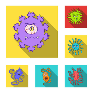 类型的有趣的微生物平面图标集合中的设计。微生物病原体载体标志物网插图