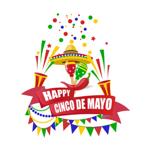 Cinco de Mayo。快乐的节日。与祝幸福写在磁带上。阔边帽 饼干 糖果 旗帜 马拉卡斯和红辣椒。插图