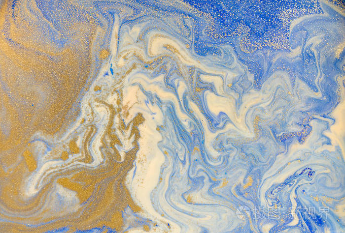 蓝色和金色的液体纹理.水彩手绘大理石纹图.油墨大理石背景
