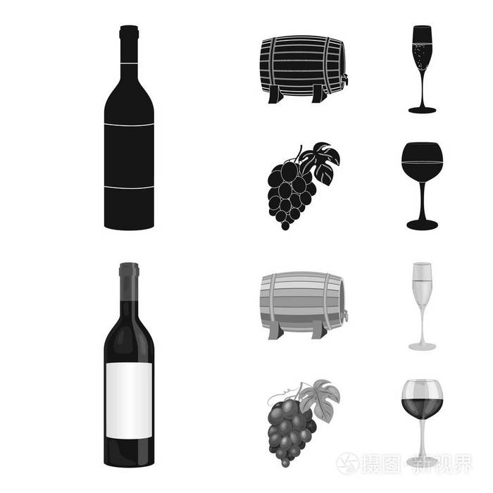 一瓶红酒, 一桶酒, 一杯香槟, 一堆。葡萄酒生产集合图标黑色, monochrom 风格矢量符号股票插画网站