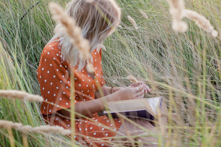 美丽快乐的金发女郎在小穗和小麦领域的书上日落, 在草地上