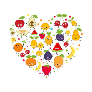 心与不同的水果图标。背景与可爱的卡通微笑的水果。设计卡