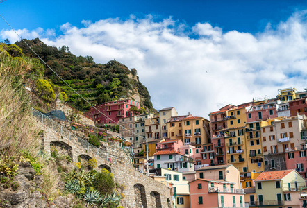 Manarola，五土地。海岸线和城市建设的鸟瞰图