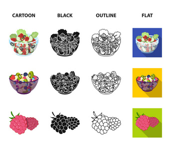 水果, 蔬菜沙拉和其他类型的食物。食品集合图标在卡通, 黑色, 轮廓, 平面风格矢量符号股票插画网站