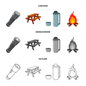 一个手电筒, 一张有长凳的桌子, 一个装有杯子的热水瓶, 一个脚轮。露营集合图标在卡通, 轮廓, 单色风格矢量符号股票插画网站