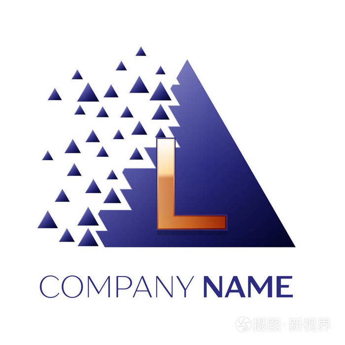 逼真的金色字母 l 标志符号在蓝色的彩色像素三角形形状与破碎块在