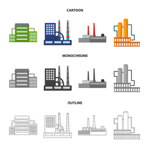 工业生产。工厂集合图标在卡通, 轮廓, 单色风格矢量符号股票插画网站