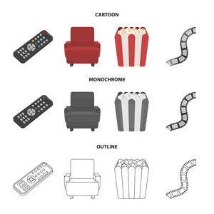 控制面板, 一张扶手椅, 爆米花。电影和电影集合图标在卡通, 轮廓, 单色风格矢量符号股票插画网站