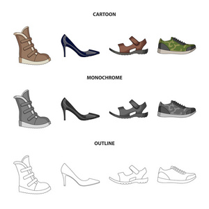 一组在各种鞋上的图标。不同的鞋单图标在卡通, 轮廓, 单色风格矢量网络符号股票插图