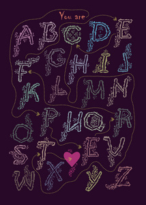 带有加密浪漫信息的艺术字母表你是完美的。五颜六色的字母与优雅的装饰。黑色背景。粉红色的心是文本的结尾。插图