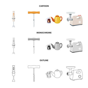 厨房设备卡通, 轮廓, 单色图标在集合中进行设计。厨房和配件矢量符号股票 web 插图