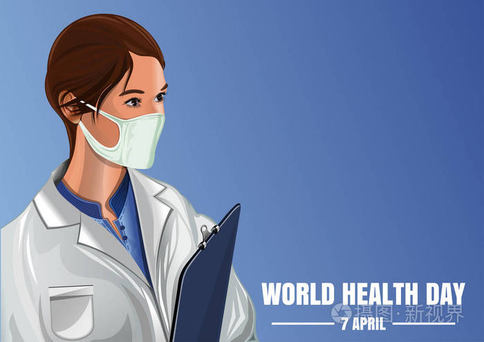 世界卫生日蓝色背景上的女军医