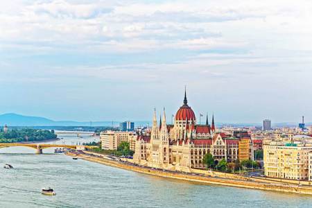 在匈牙利国会大厦与多瑙河水船图片