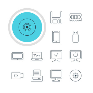 矢量图的 12 笔记本电脑图标。可编辑包笔记本电脑 打印机 目的和其他元素