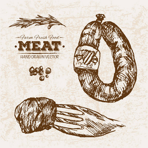 手绘素描牛排肉类产品集香肠和腊肠, 农场新鲜食品, 黑白葡萄酒插图, 简单绘图