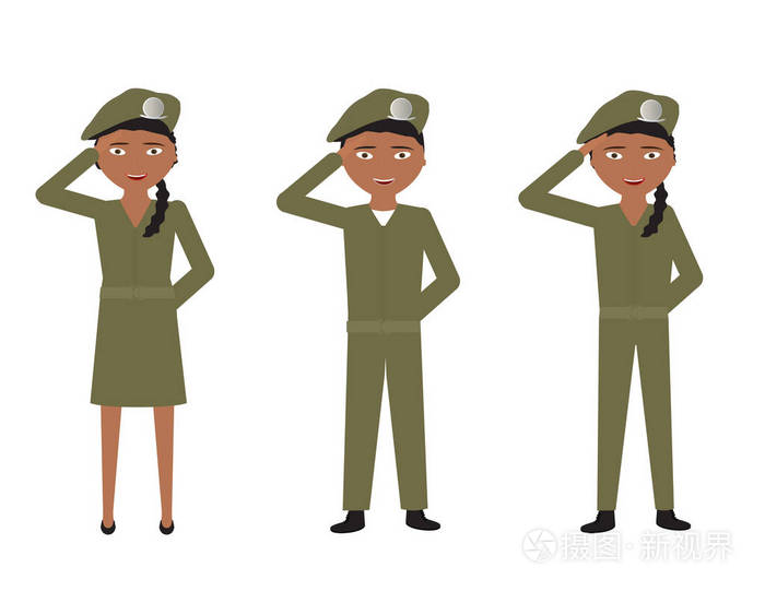 一套绿色制服的卡通士兵在白色背景敬礼
