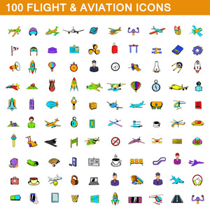 100 飞行和航空图标设置 卡通风格
