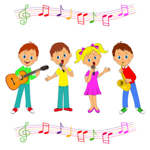 男孩和女孩演奏音乐和唱歌