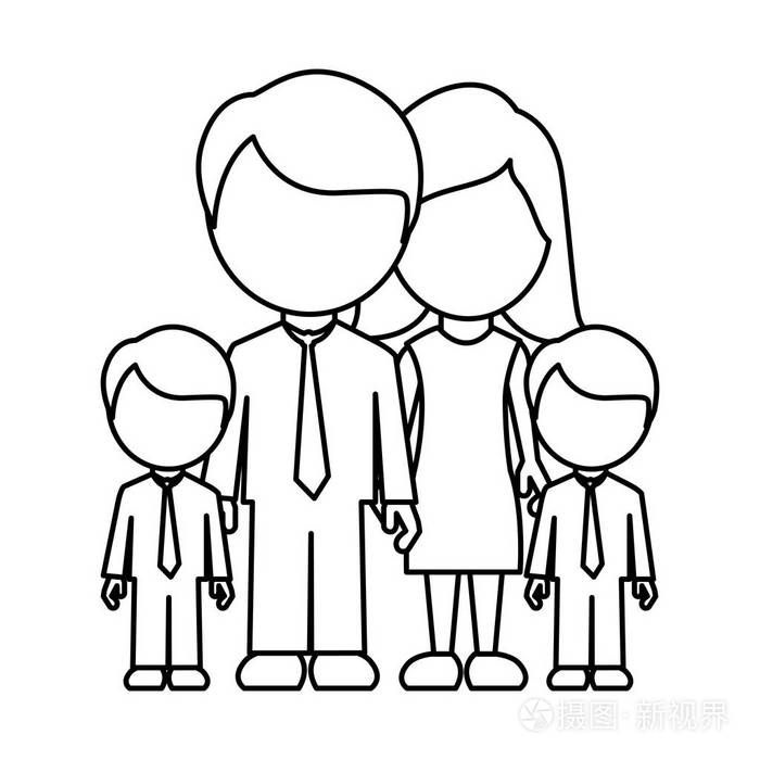 单色轮廓与爸爸妈妈和两个男的儿子,在正式的衣服不露面插画
