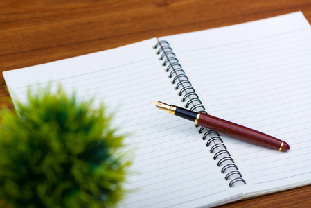 钢笔或钢笔与笔记纸和小装饰树在木工作桌与拷贝空间, 办公桌概念想法