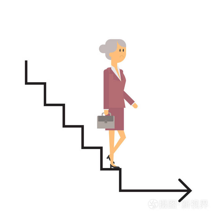 沿着阶梯,商务,年底老人业务女人走下楼梯.矢量平面材料