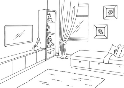 儿童房图形黑色白色室内素描图矢量照片