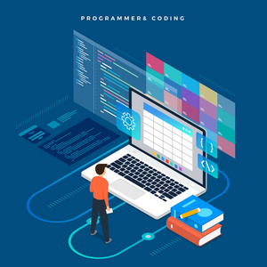 等距平面设计概念程序员和编码。矢量插图。网站布局设计