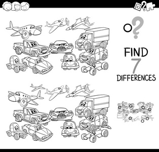 黑白卡通插图寻找七之间的差异图片教育游戏的儿童与交通车辆字符着色书