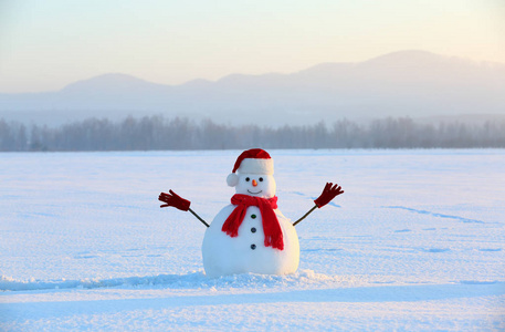 冬天的风景.圣诞节雪人戴着红帽子,围巾和手套.高山.