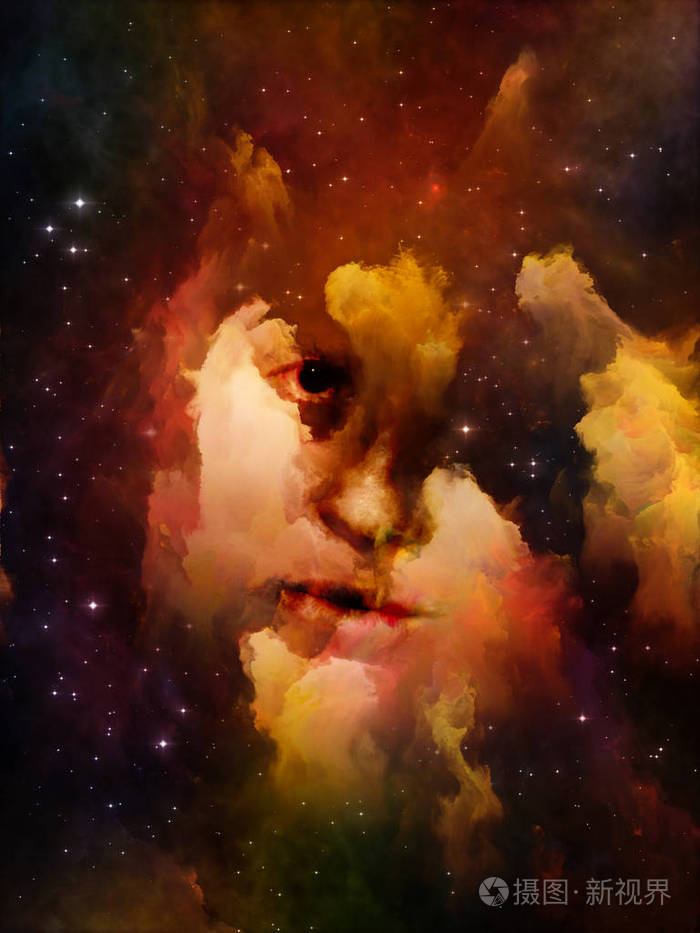 妇女的面孔,星云和星的构成在宇宙,自然,人的头脑和想象主题