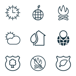 9 生态图标集。包括警卫树 太阳钟 Pin 地球和其他符号。漂亮的设计元素