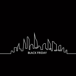 黑色星期五在城市 完美的销售。白色丝带横幅在一个黑色背景与抽象城市天际线的平面风格。矢量插图