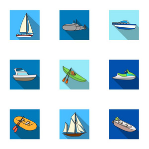海上运输，船，船舶。运输人，雷暴。在对平面样式矢量符号股票插画集集合的船和水运输图标