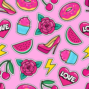 粉红色背景上的玫瑰花樱桃心西瓜甜甜圈蛋糕等的贴纸.