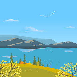 阿尔卑斯山上河岸上的树木.手绘卡通户外复古风格.