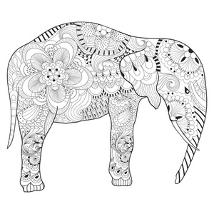 手绘 zentangle 大象与的抗应激的曼荼罗