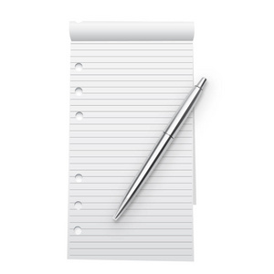 笔记本模拟和银色金属笔隔离在白色背景。内衬页抄写模板。逼真的闭合笔记本和钢笔矢量插图