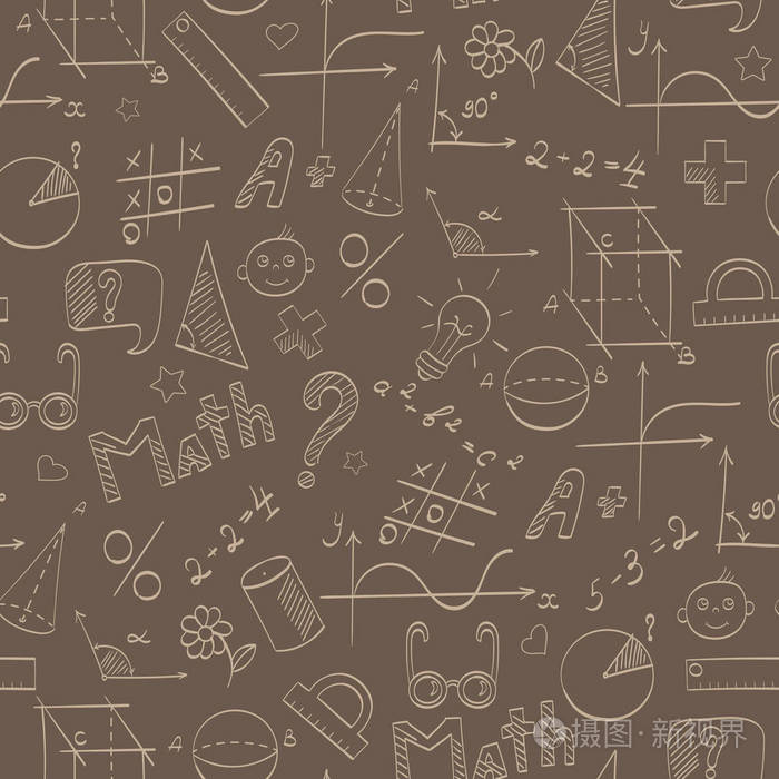 无缝模式的主题的学校, 教育和学科数学, 米色手绘图形, 公式, 并在
