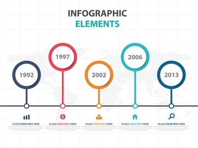 抽象多彩圆业务时间线图表元素，演示文稿模板平面设计矢量图的网页设计营销广告