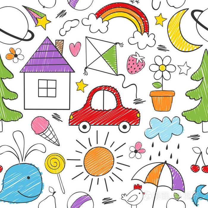 着色无缝图案与儿童绘图矢量插图eps