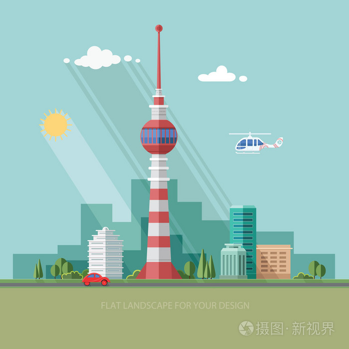 广播电视塔.大众传播媒介.城市景观.平面样式矢量图