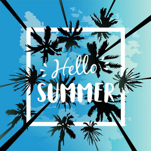 你好暑假模板海报 党 乐趣 旅行 背景 太阳 棕榈树，设计 矢量图