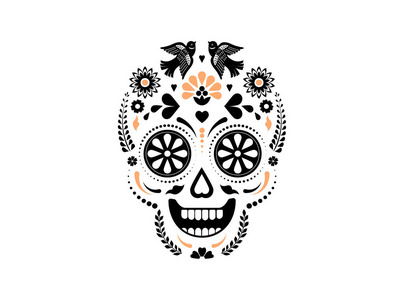 死亡日, 洛杉矶穆埃尔托斯背景, 横幅和贺卡概念与糖头骨。彩色矢量插图