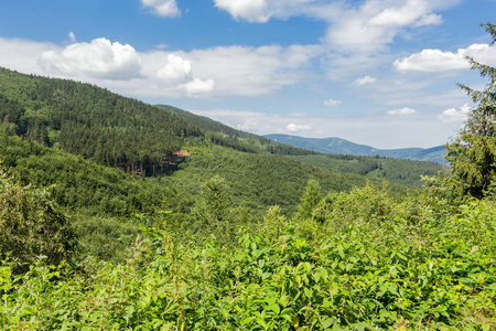 雄伟的山脉和草地景观。自行车山路。在高山上的薄雾山路。多云的天空与山路