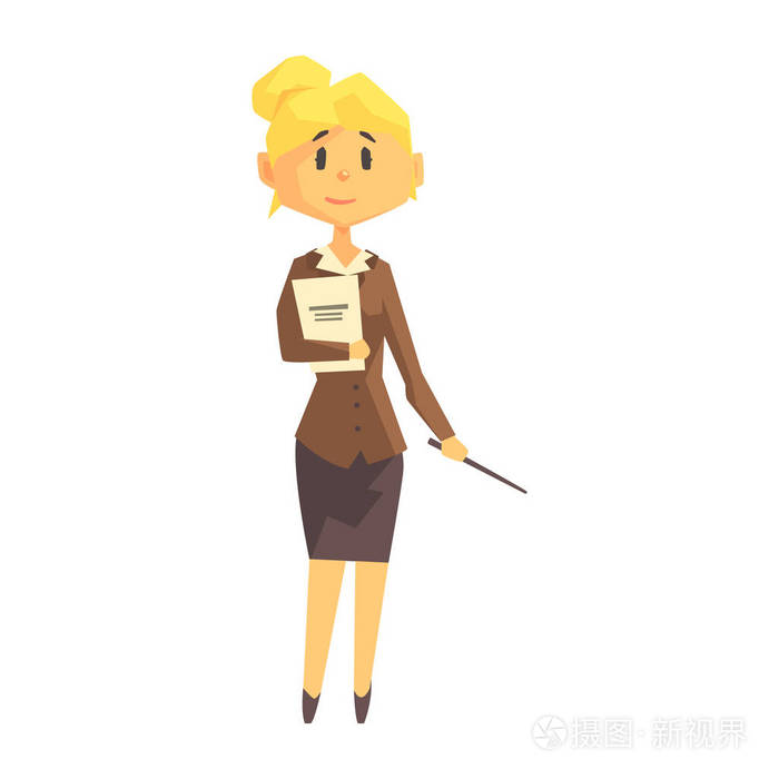 年轻女子学校老师在经典的衣服,教育专业卡通人物