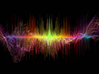 波函数系列。由彩色正弦振动光和分形元素构成的艺术抽象, 包括声音均衡器音乐谱和量子概率。